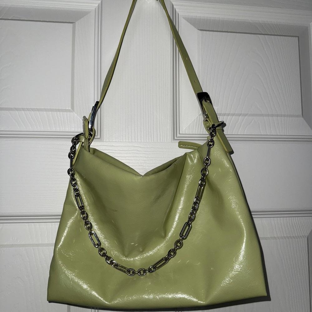Mango Olive Green Shoulder Bag with Silver Chain
